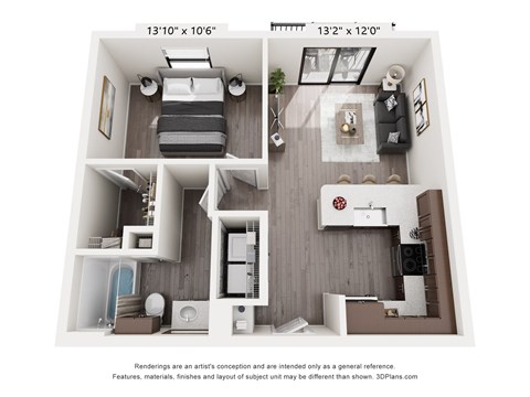 Floor plan for 1 bed, 1 bath, 672 sqft
